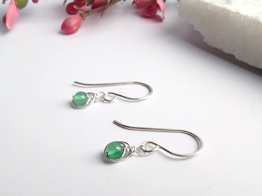 GREEN ONYX Dainty Wire Wrapped Earrings Sterling Silver July Birthstone