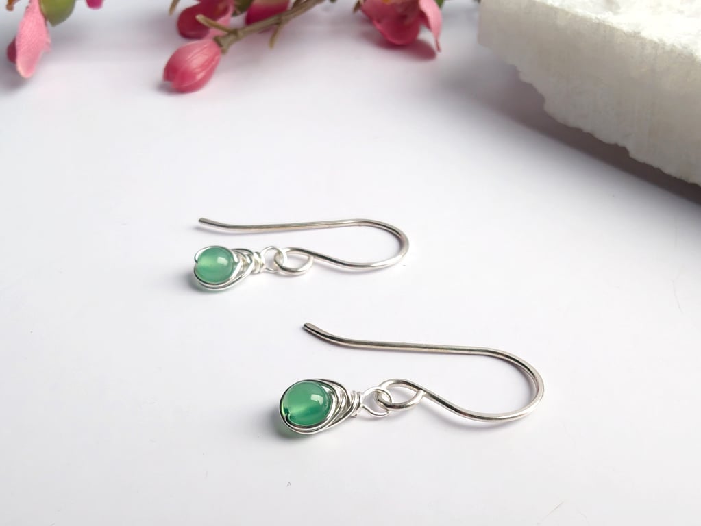 GREEN ONYX Dainty Wire Wrapped Earrings Sterling Silver July Birthstone