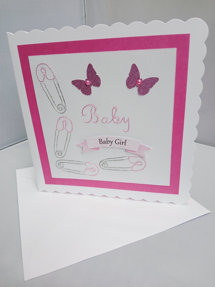 New Baby Card for a Baby Girl in Pink and Silver