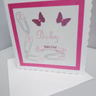 New Baby Card for a Baby Girl in Pink and Silver
