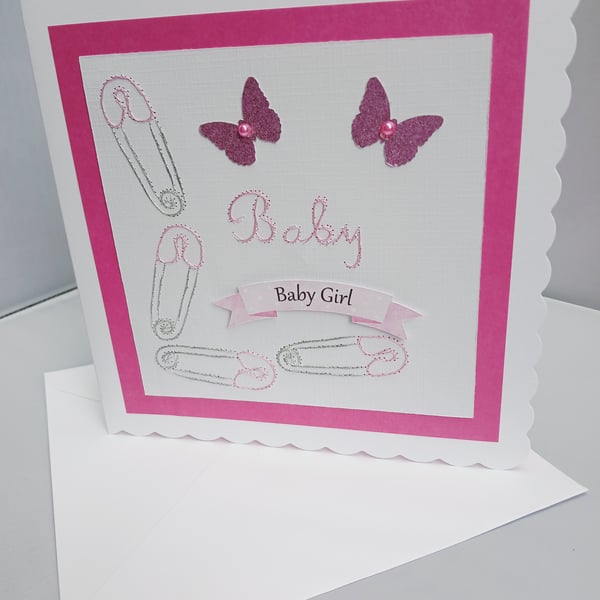 New Baby Card for a Baby Girl in Pink and Silver