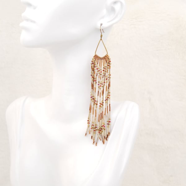 Beaded fringe earrings in bronze silver red, Elegant beaded dangle earrings