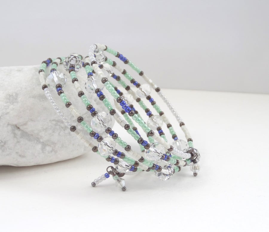 Mint, White, Blue & Clear Crystal Memory Bangle