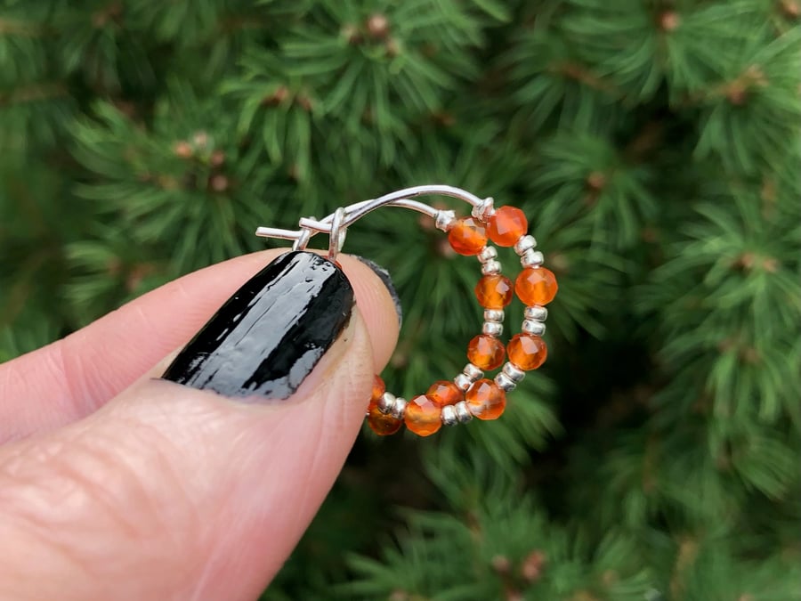 Small Carnelian & Sterling Silver Beaded Hoop Earrings GEMSTONE Bead Boho Hoops