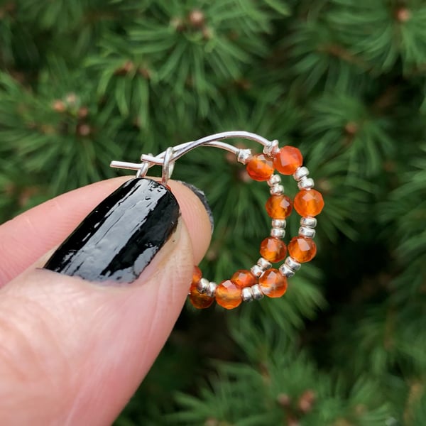 Small Carnelian & Sterling Silver Beaded Hoop Earrings GEMSTONE Bead Boho Hoops