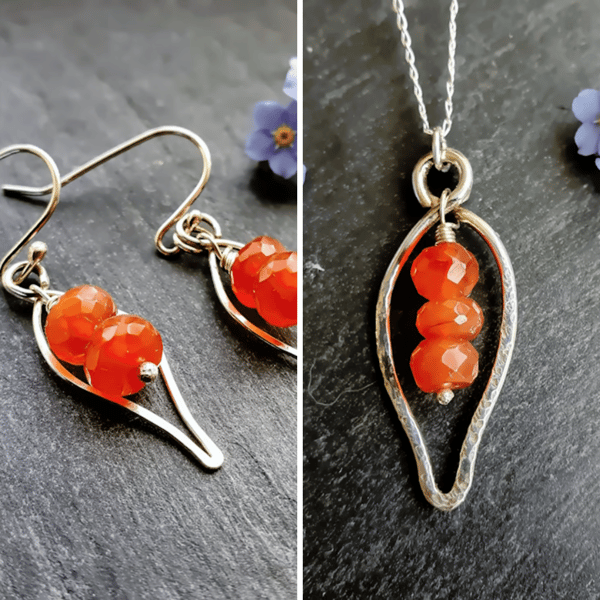 Recycled Silver Carnelian Lily Pendant and Earrings Set
