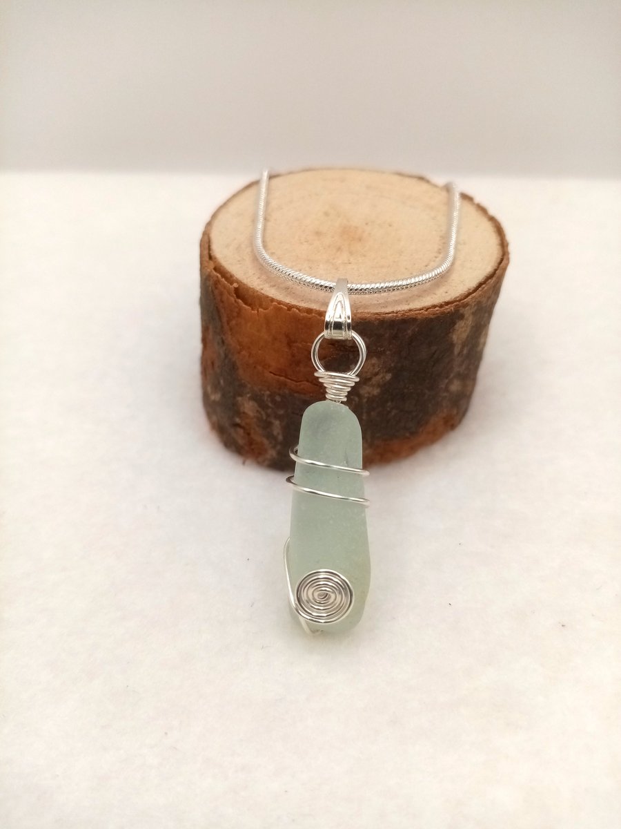 Wire Wrapped Sea Glass Pendant with Silver Plated Snake Chain, Free Postage 