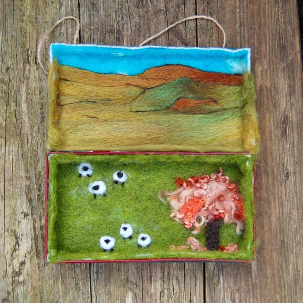 Needle felted Yorkshire Dales landscape in a vintage tin