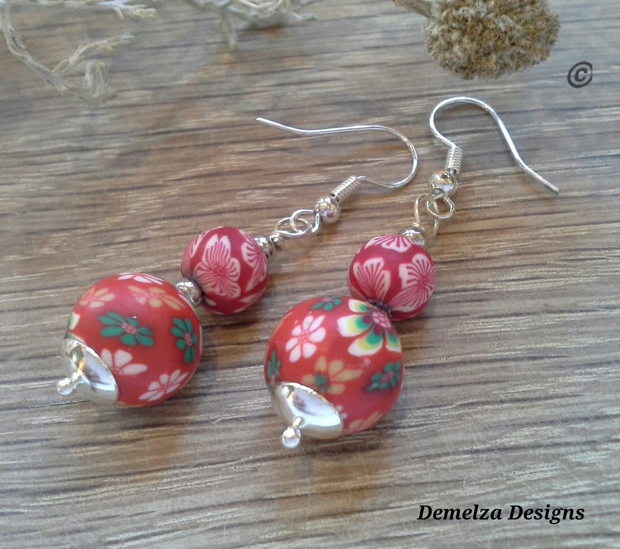  Pretty, Feminine Red Polymer Clay Silver Plated Earrings