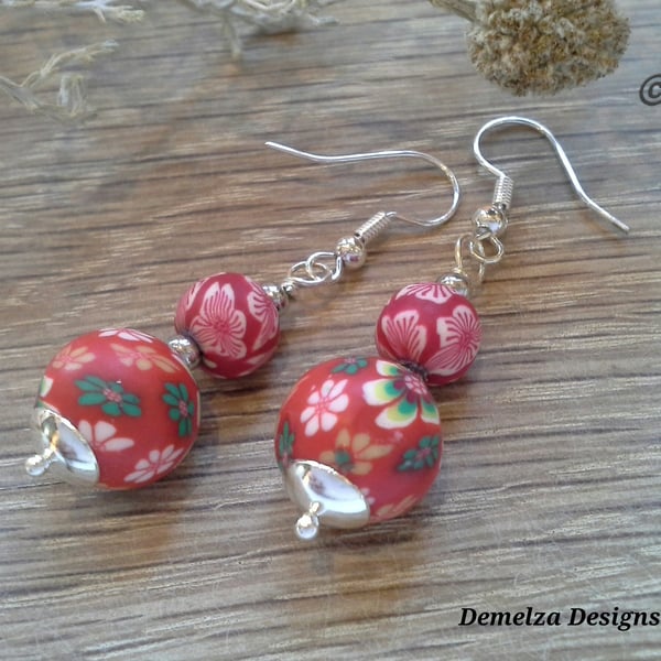  Pretty, Feminine Red Polymer Clay Silver Plated Earrings
