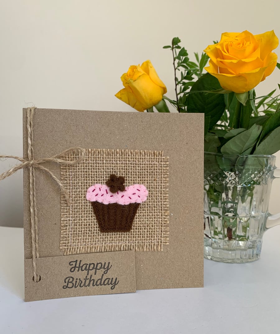 Birthday card. Chocolate cupcake with pink icing. Wool felt. Handmade Card.