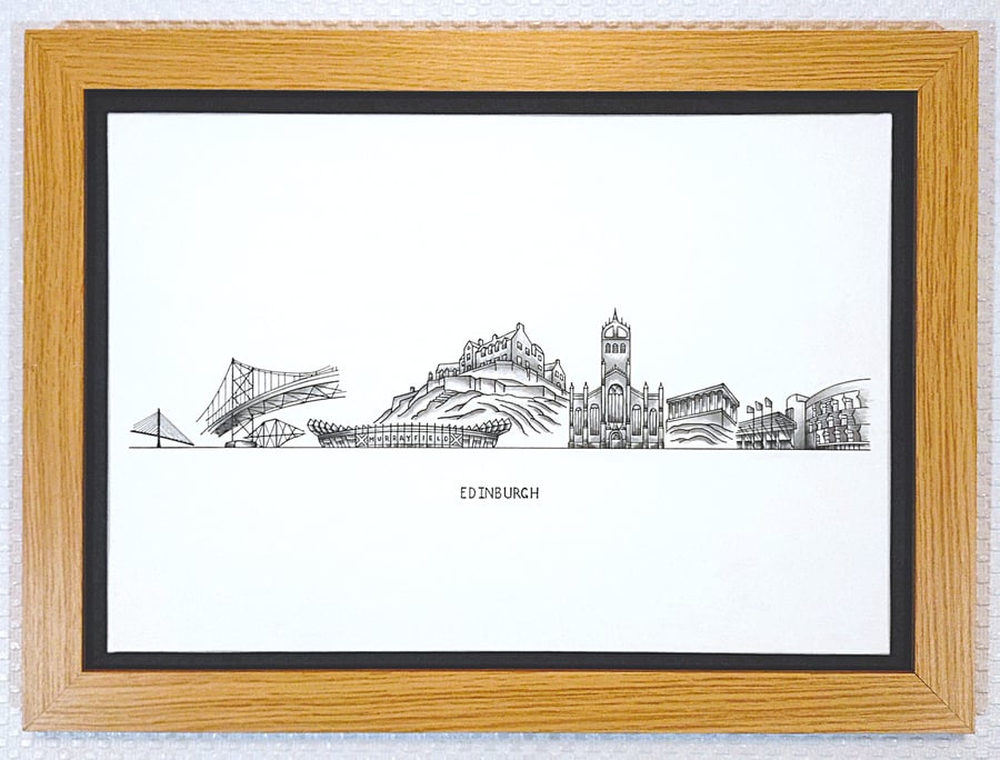 Edinburgh Cityscape Handmade Unique Framed A3 Print Black Border Wallart Gift