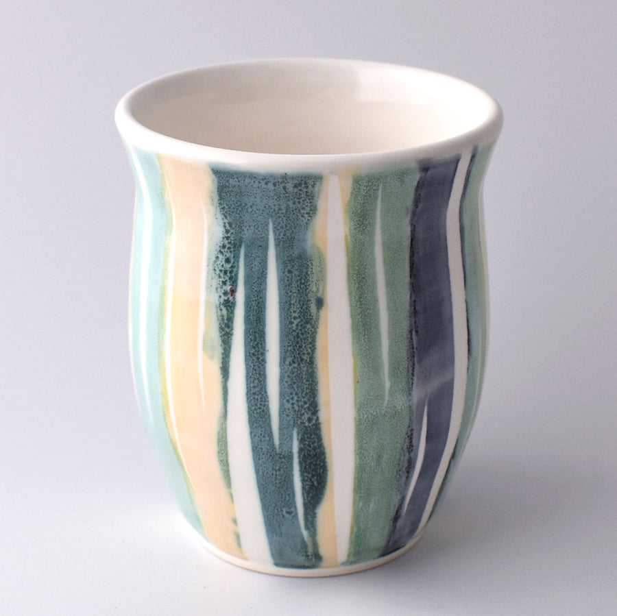 19-131 Stoneware pottery hand thrown stripey vase  (Free UK postage)