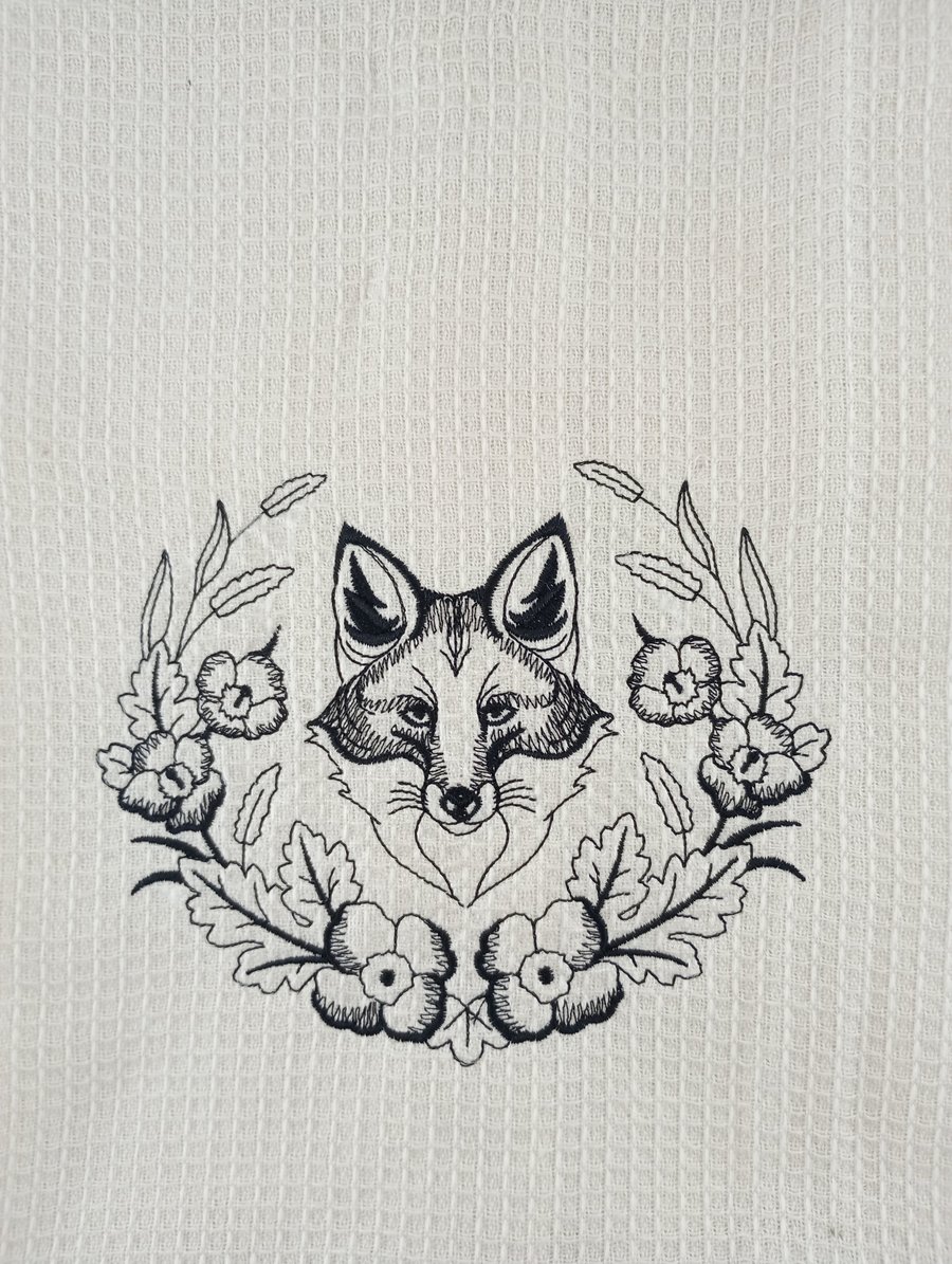 Tea Towel - Machine embroidered fox head on a cream waffle tea towel