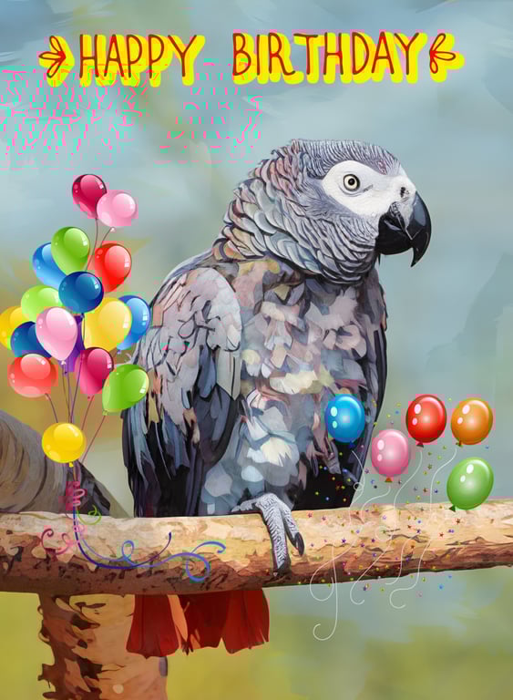 Happy Birthday African Grey Parrot Card A5
