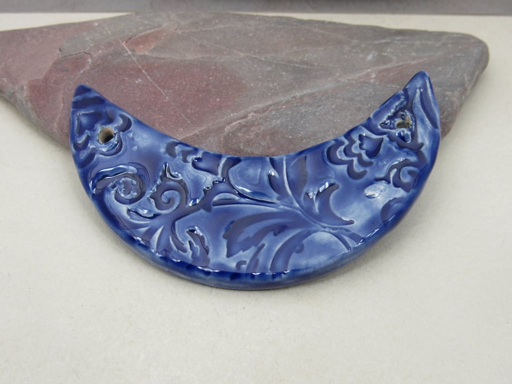 Cobalt Blue Brocade Ceramic Crescent Bib Pendant