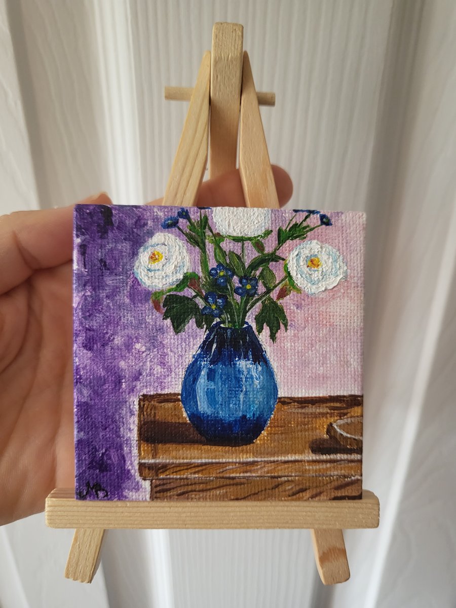 Original acrylic painting mini canvas flowers in vase peonies