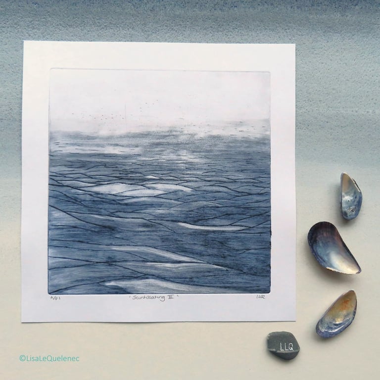 Scintillating III original drypoint etching print of light shining on the sea