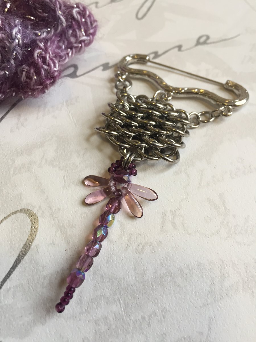 Beaded Amethyst Dragonfly Brooch Steel Chainmaille for Mothers Day Gifts