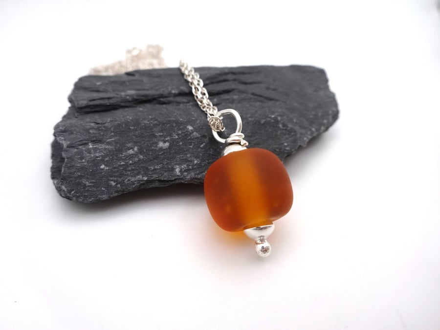 lampwork glass frosted amber pendant necklace