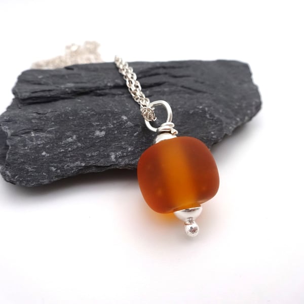 lampwork glass frosted amber pendant necklace