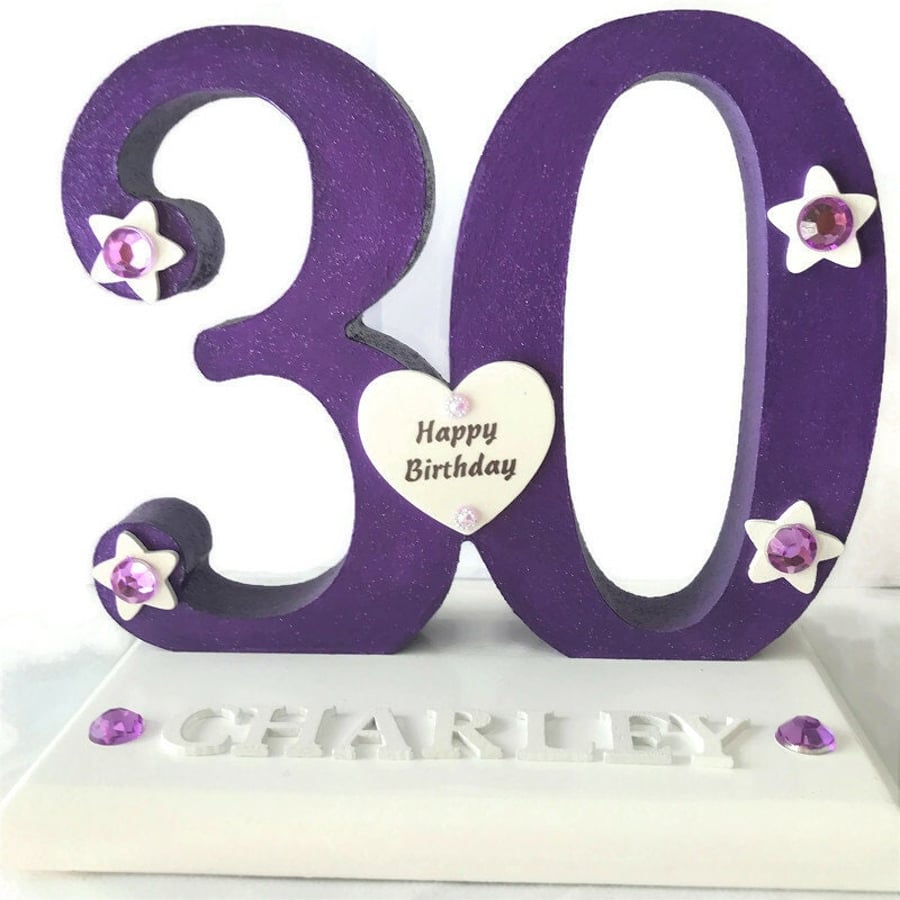 Personalized 30th Birthday Plaque: Amethyst Wooden Number, Diamante Stars