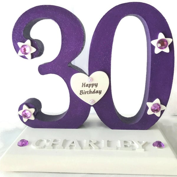 Personalized 30th Birthday Plaque: Amethyst Wooden Number, Diamante Stars