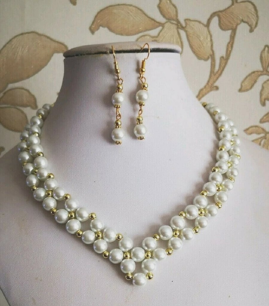 White Pearl & Gold Bead Necklace Set earrings Beaded statement jewellery womens