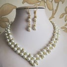 White Pearl & Gold Bead Necklace Set earrings Beaded statement jewellery womens