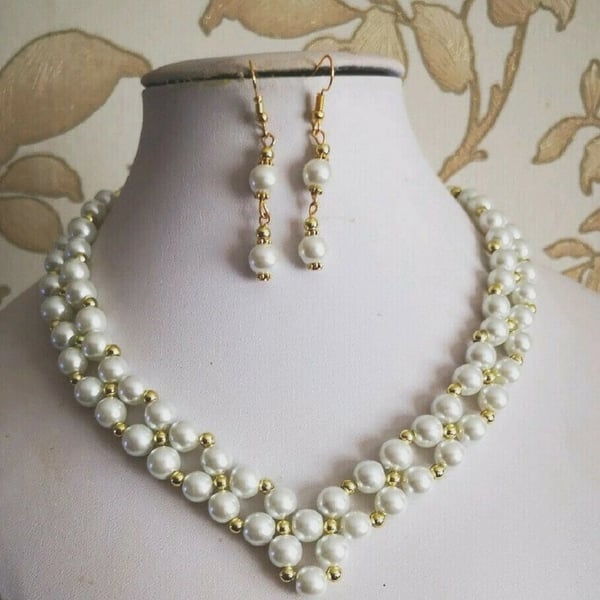 White Pearl & Gold Bead Necklace Set earrings Beaded statement jewellery womens