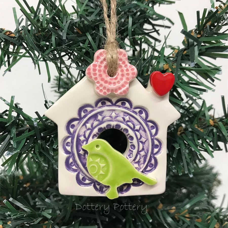 Small Ceramic bird house decoration Pottery bird house pink flower