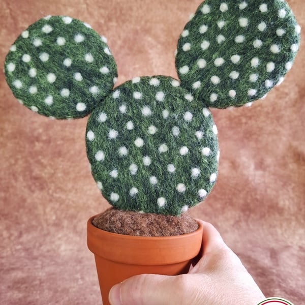 Bunny Ears Cactus. Needle Felted with Wool Fibres. Real Pot.