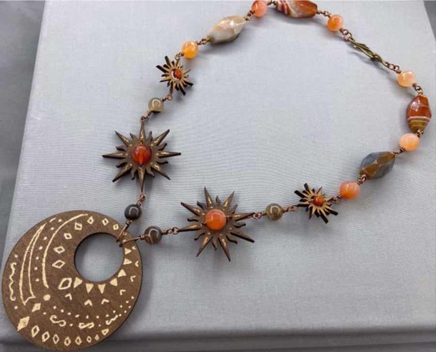 Boho Ethnic Wooden Engraved Pendant Sunburst Necklace with Carnelian & Agate