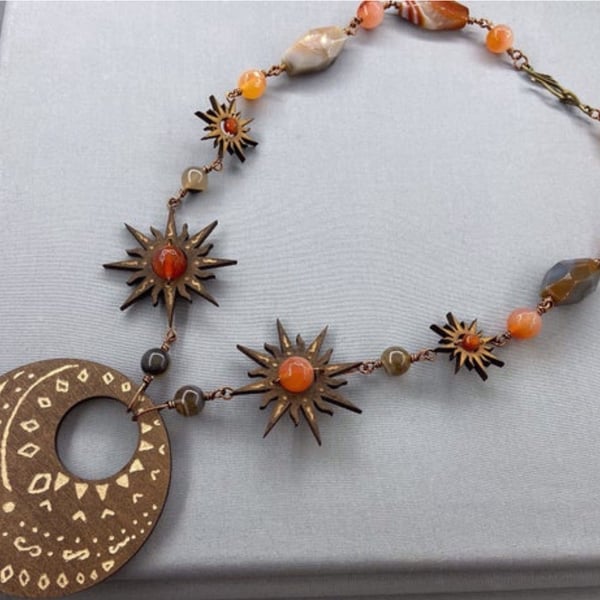 Boho Ethnic Wooden Engraved Pendant Sunburst Necklace with Carnelian & Agate