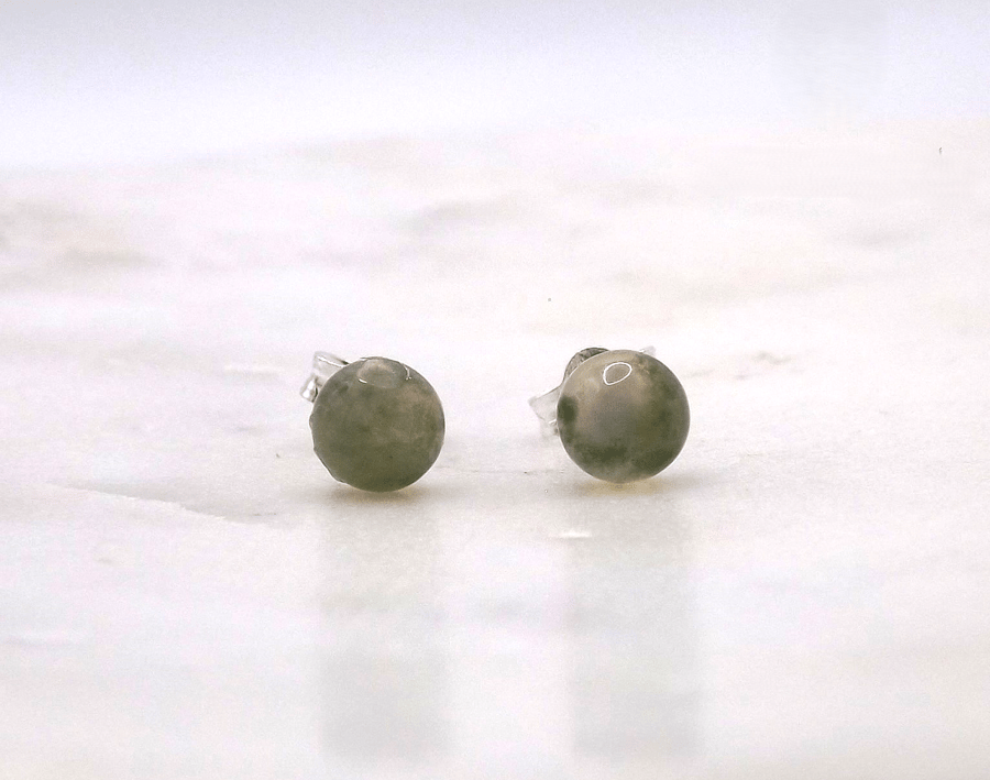 Green Moss Agate Cabochon 5mm Gemstone Sterling Silver Stud Earrings.