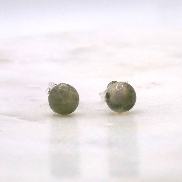 Green Moss Agate Cabochon 5mm Gemstone Sterling Silver Stud Earrings.
