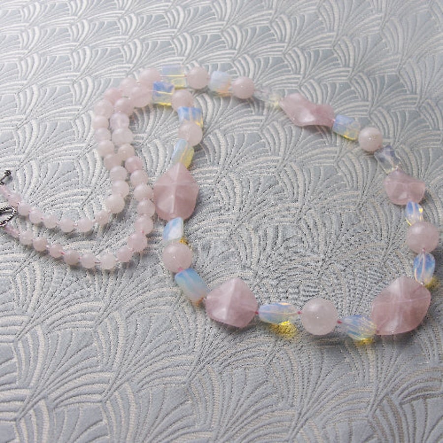 Long Rose Quartz Necklace, Long Pink Gemstone Necklace, Pink Necklace BB98