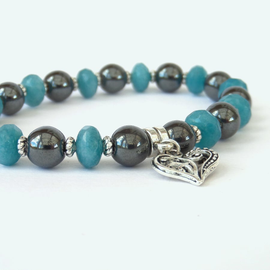 Hematite & aquamarine heart charm stretchy bracelet