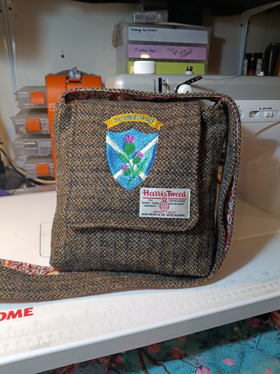 Harris tweed cross body bag with Scotland motif