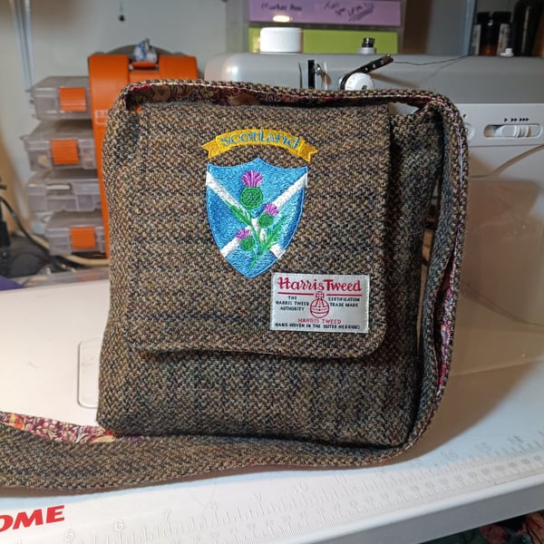 Harris tweed cross body bag with Scotland motif