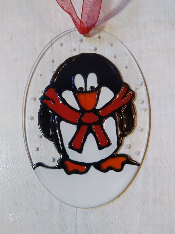 Christmas decoration penguin sun catcher. Hand painted ornament.