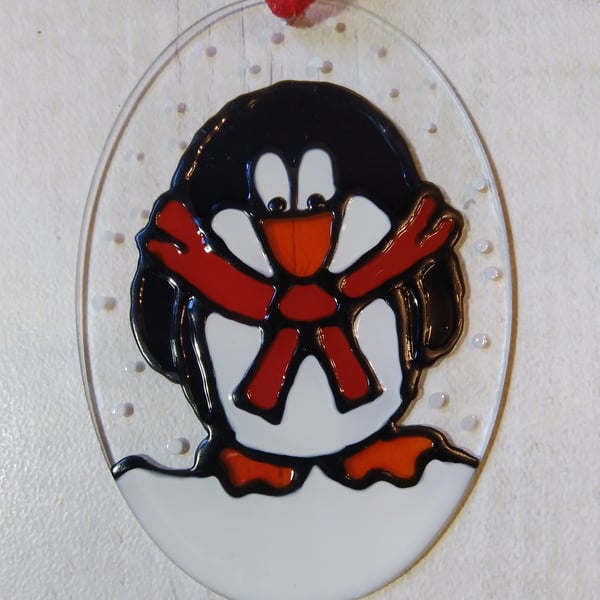 Christmas decoration penguin sun catcher. Hand painted ornament.
