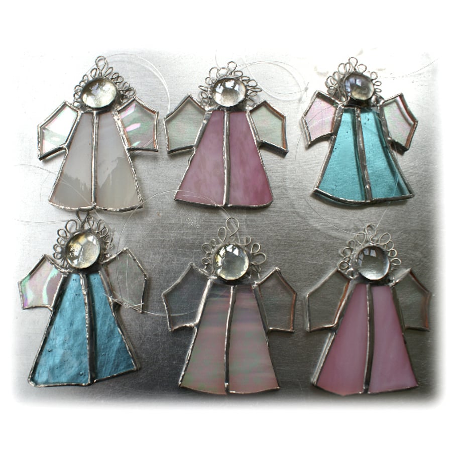 Reserved for Sarah - 6 Angels Suncatcher Stained Glass White Pink Turquoise