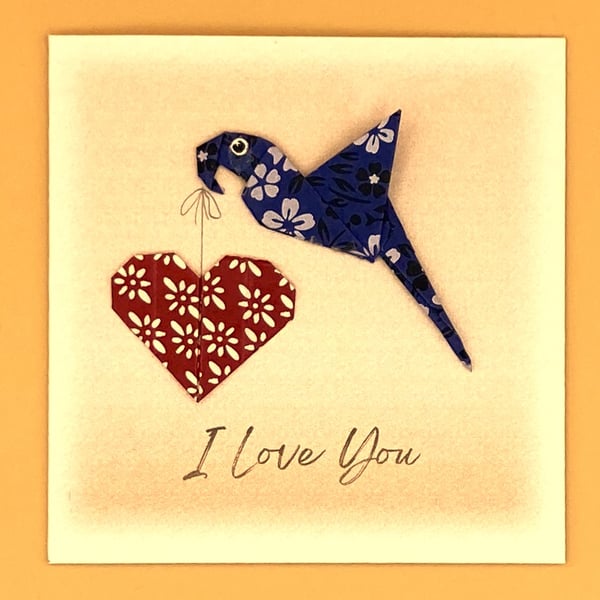 Special Occasion Card, OOAK handmade Origami Bird & heart. 'I love you' message 