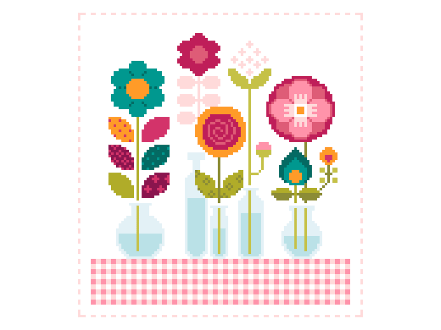 064 Cross Stitch Floral Patchwork Cute flowers, mini bottles & vases Shabby Chic