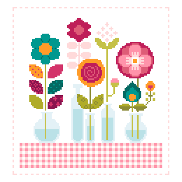 064 Cross Stitch Floral Patchwork Cute flowers, mini bottles & vases Shabby Chic
