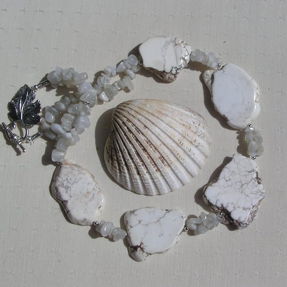 White Magnesite & Cream Moonstone Gemstone Chunky Necklace "Stepping Stones"
