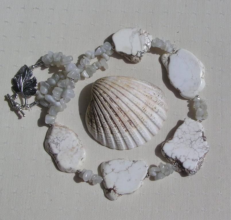 White Magnesite & Cream Moonstone Gemstone Chunky Necklace "Stepping Stones"
