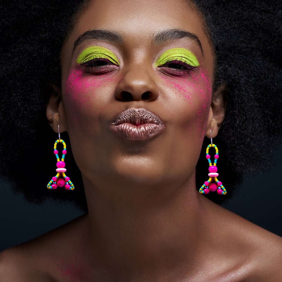 Bright, Colourful Statement Earrings, beaded with neon pink glass beads