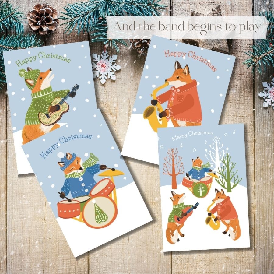 Christmas card pack blank cards fox  - christmas band